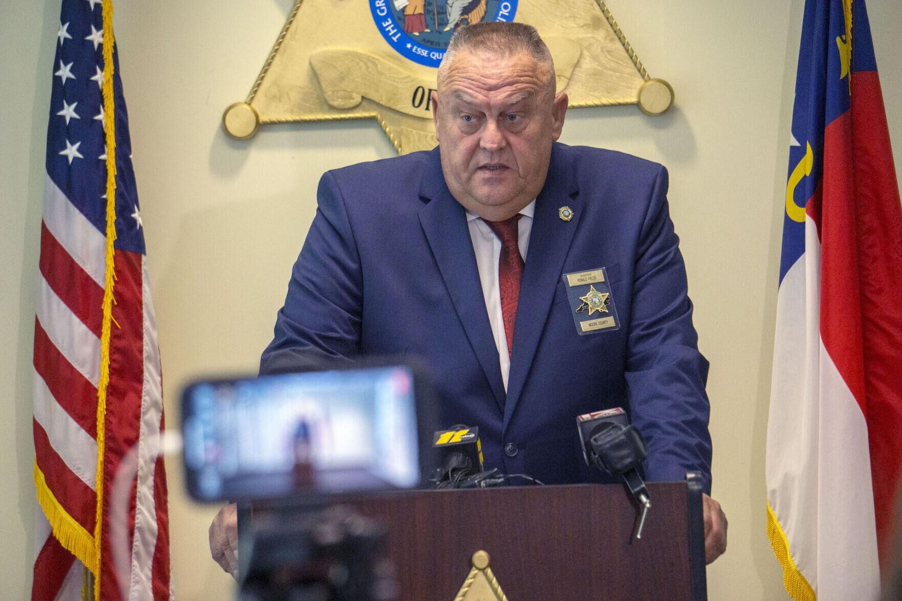 Moore County Sheriff Ronnie Fields holds a news conference about the killing of D.P. and Mary Lou Black on July 14, 2021.